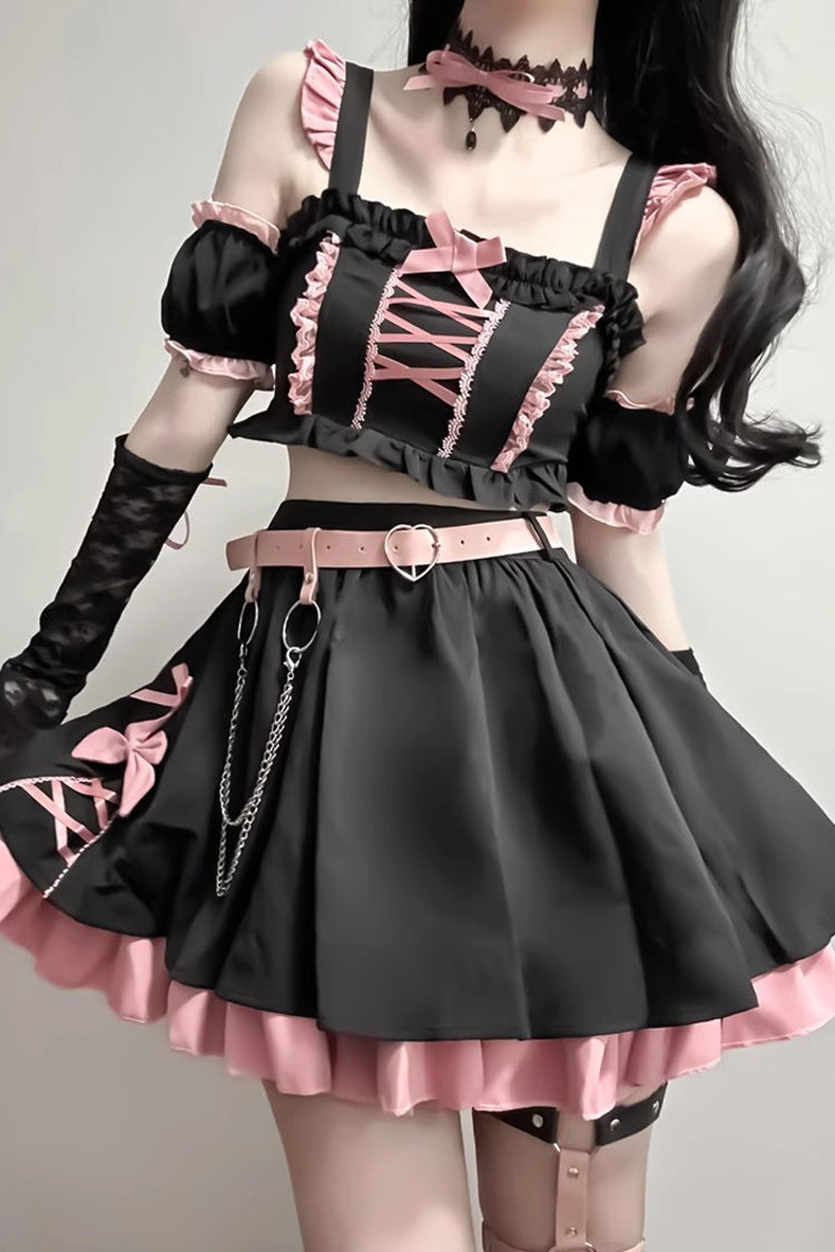 Black/Pink Tie Bow Gothic Sweet Lolita Strapless Skirt Dress 2 Pieces Set - Product - 6