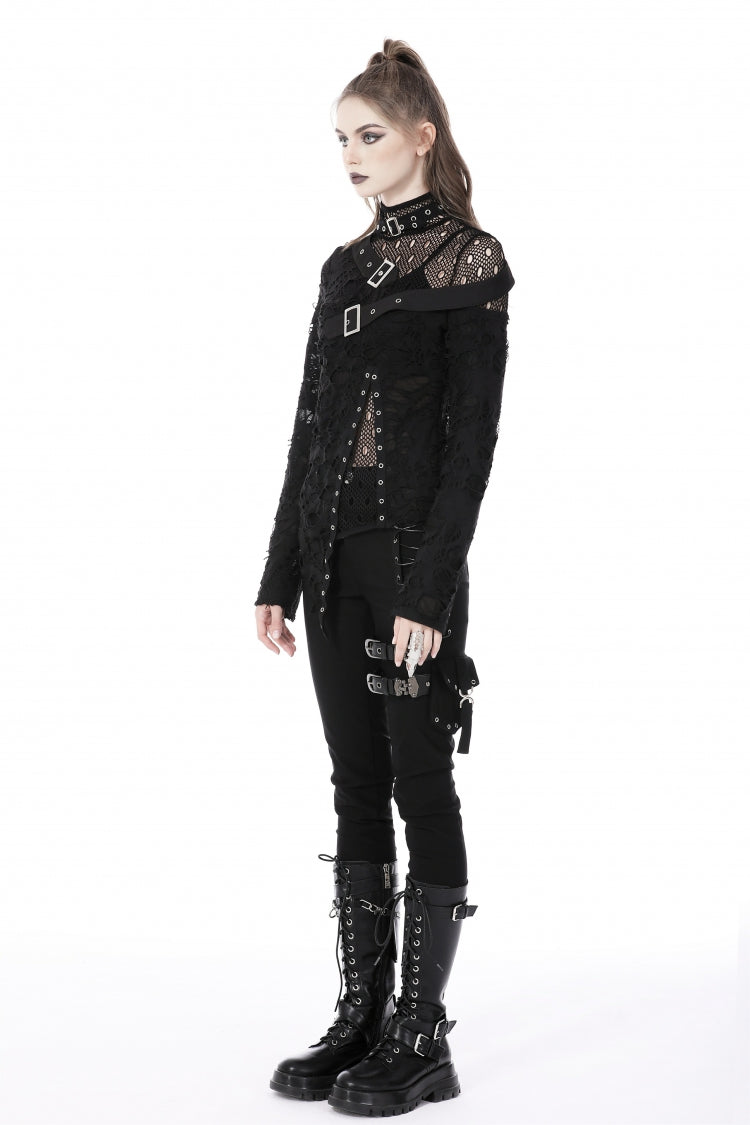 Black Women's Punk Long Sleeves Buckled Asymmetric Ripped Sheer Mesh Splice Top - Product - 2