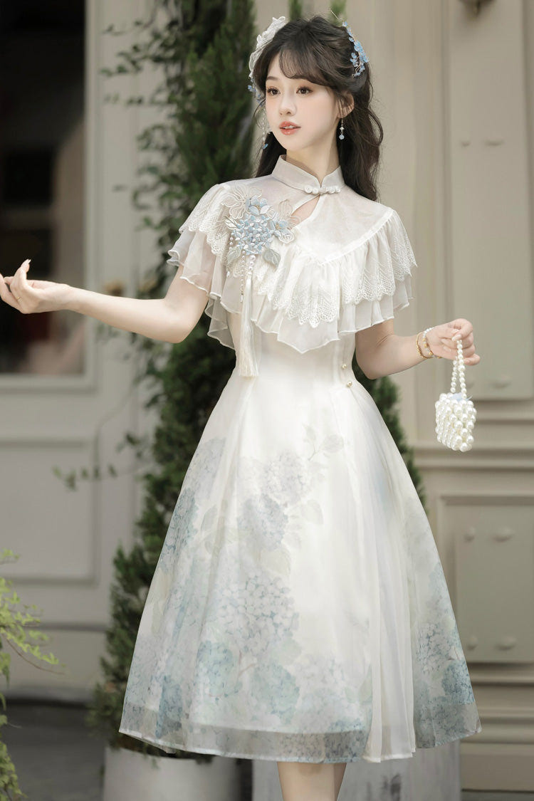 White [Hydrangea Message] Short Sleeves Print Ruffle Lace Sweet Chinese Style Elegant Lolita Short Dress - Product - 12