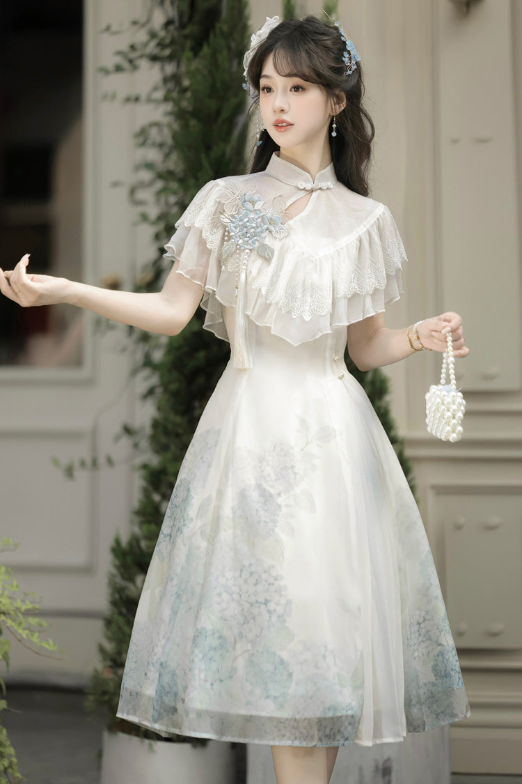 White [Hydrangea Message] Short Sleeves Print Ruffle Lace Sweet Chinese Style Elegant Lolita Short Dress - Product - 12