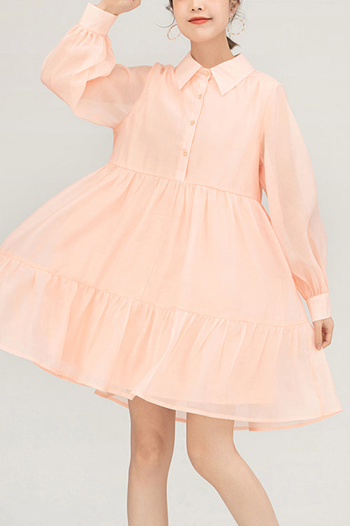 Orange Polo Neck Organza Puff Sleeve Single Breasted Sweet Lolita OP Dress - Orange - 1
