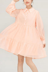 Orange Polo Neck Organza Puff Sleeve Single Breasted Sweet Lolita OP Dress - Orange - 1