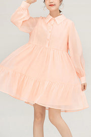 Orange Polo Neck Organza Puff Sleeve Single Breasted Sweet (Dress Only) front view