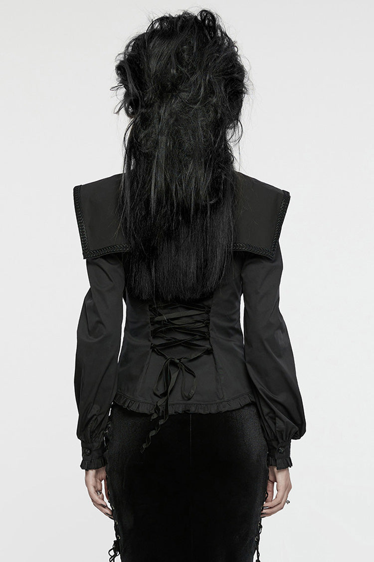Black Stand Collar Ruffle Lace-Up Women's Gothic Blouse - Product - 3