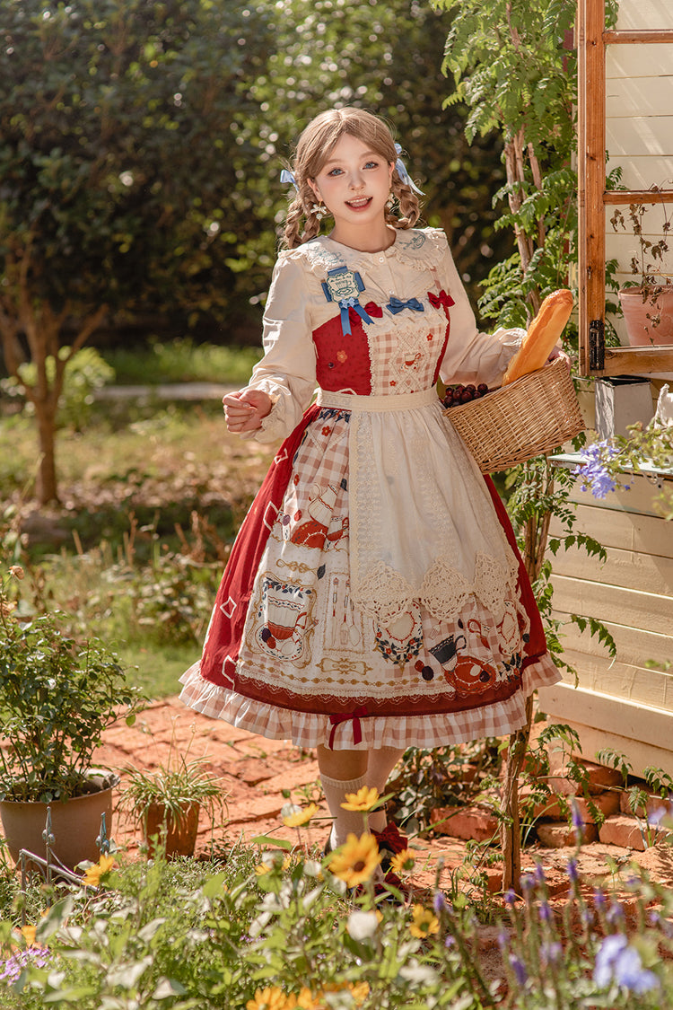 Red [Tea Party] Print Ruffle Bowknot Lace Sweet Elegant Lolita Jsk Dress - Product - 4