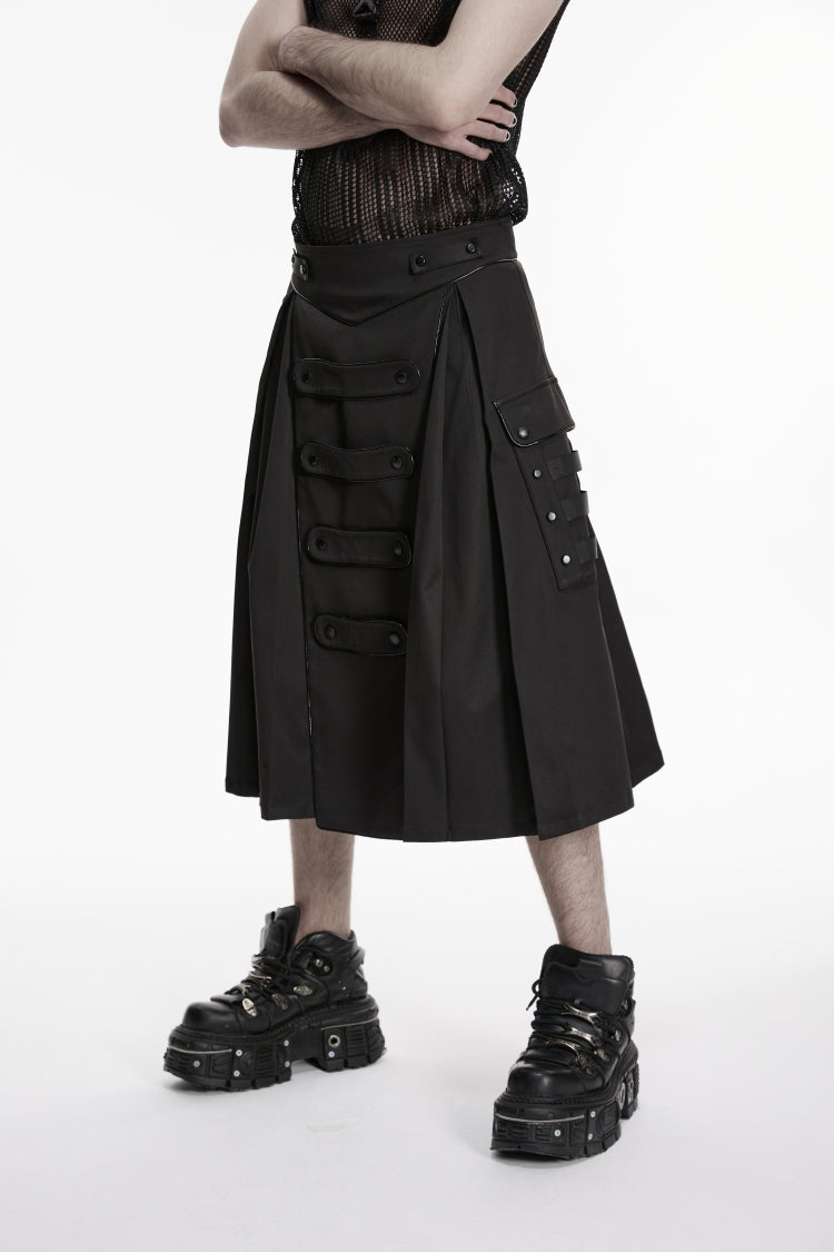 Black Studded Zippered  Big Pockets Pleated Men's Punk Skirt - Product - 8