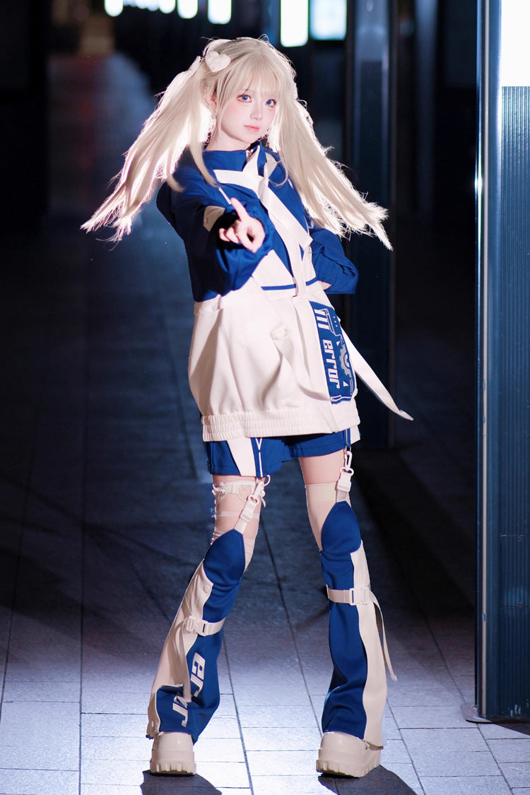 White/Blue [Zero-Type Transformation] Techwear Long Sleeves Embroidered Hooded Punk Jirai Kei Shorts Coat Set - Product - 5