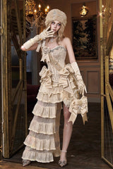 Light Brown [Slavic Noble Lady] Sleeveless Multi-Layered Sparkling Diamonds Ruffled Bow Lace-Up Irregular Gothic Elegant Lolita Skirt & Corset Set - Set - 1