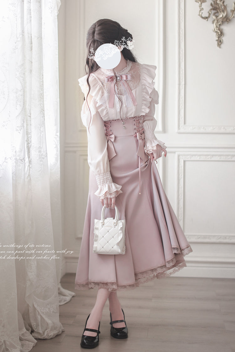 Pink Ruffle Bowknot Slim Sweet Elegant Lolita Fishtail Skirt Dress - Product - 13