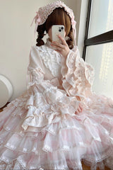 Pink [The Soloist Doll] Long Hime Sleeves Multi-Layered Print Ruffle Bowknot Asymmetric Sweet Lolita Dress - Product - 4