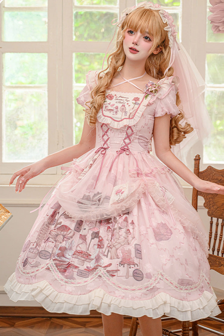 Pink Rabbit Print Square Collar Short Sleeves Ruffle Bowknot Lace Sweet Lolita Dress - Product - 5