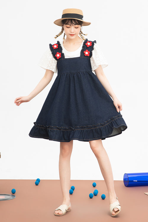 Black Denim Ruffled Strap With Flower Accessories High Waisted Sweet Lolita Strap Dress - Product - 4