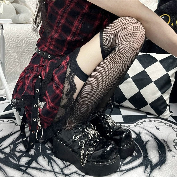Cracked Black Spider Design Multiple Straps Chain-Decorated Gothic Punk Platform Shoes - Product - 3