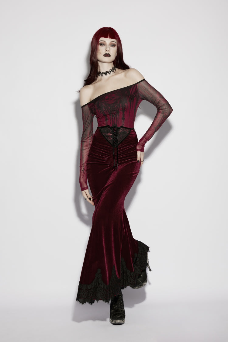 Red Lace Velvet Pleated Women's Gothic Elegant Mermaid Skirt - Product - 6