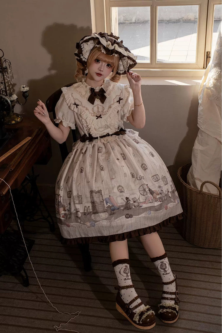 Ivory [Forest Tailor Shop] Stand Collar Short Sleeves Printed Ruffled Bow Sweet Lolita Dress - Product - 5