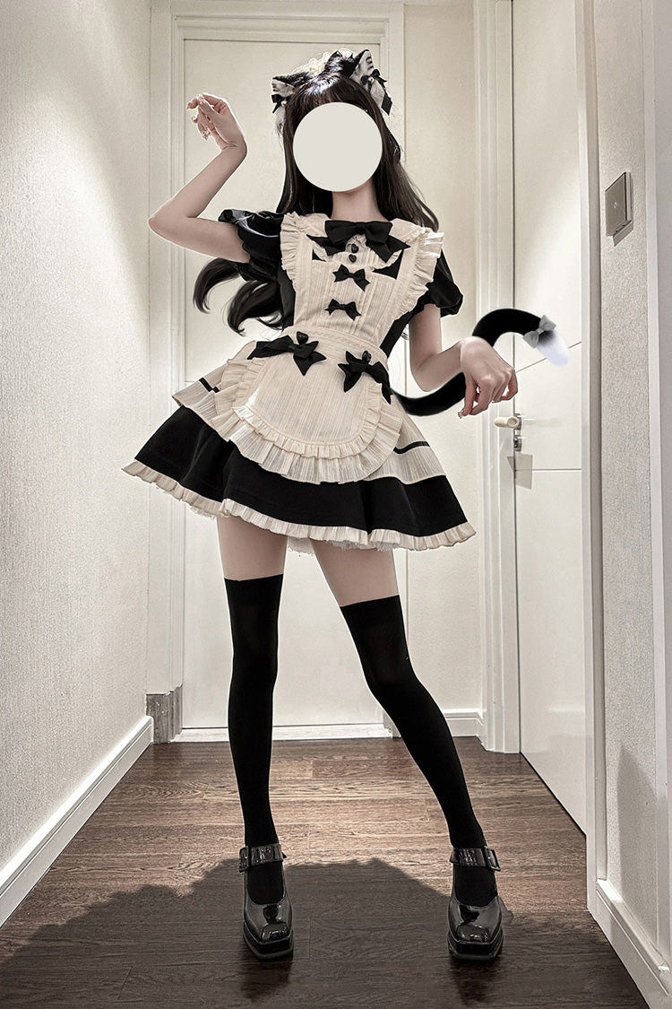 Black Lapel Collar Short Sleeves Ruffled Bow Sweet Elegant Maid Halloween Lolita Dress - Product - 7