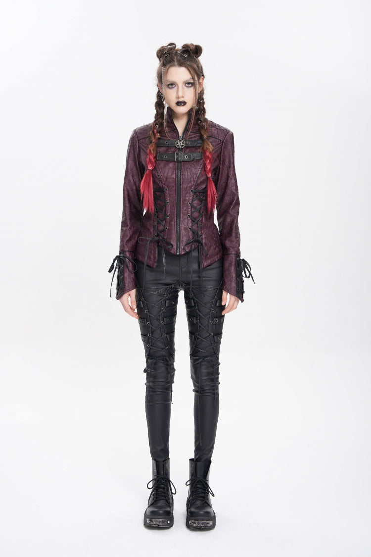 Red Pentacle Lace-Up Buckle Women's Punk Jacket - Product - 5