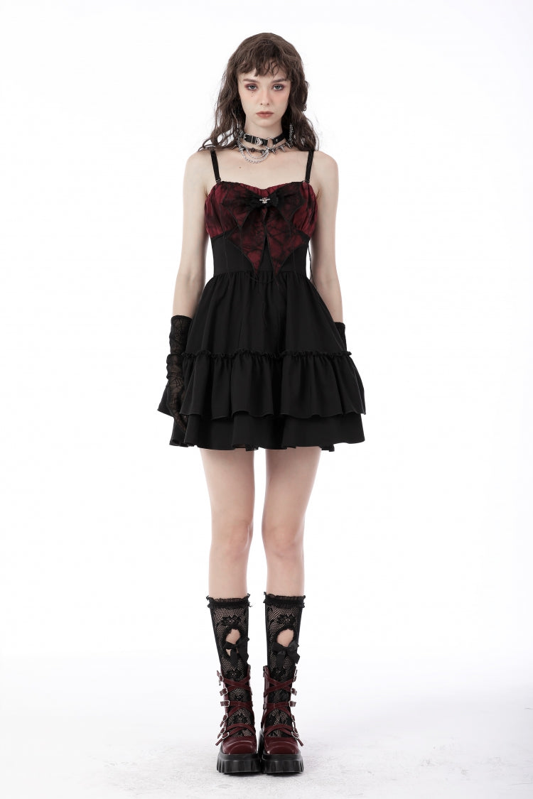 Black/Red Sleeveless Bowknot Lace-Up Double-Layered Frilly Women's Gothic Slip Graduation Dress - Product - 5