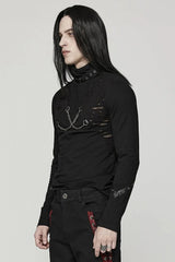 Black Stand Collar Long Sleeves Ripped Metal Chain Mens Steampunk T-Shirt - Product - 2