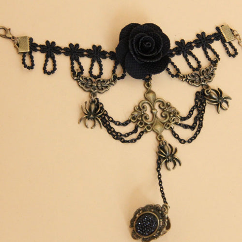 Black Retro Rose Flower Spider Lace Gemstone Female Punk Lolita Ring Bracelet - Product - 5