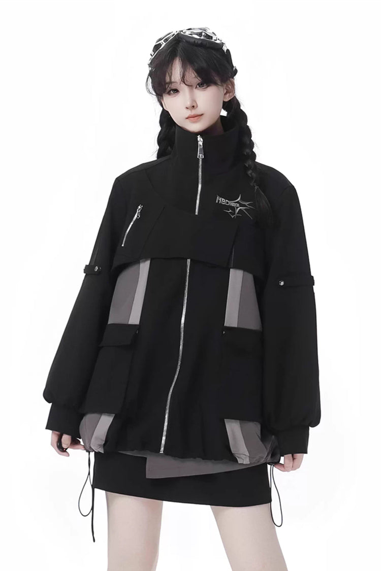 Black [Holographic Cruise] Techwear Long Sleeves Spliced Zippered Gothic Jirai Kei Skirt and Coat Set - Product - 2