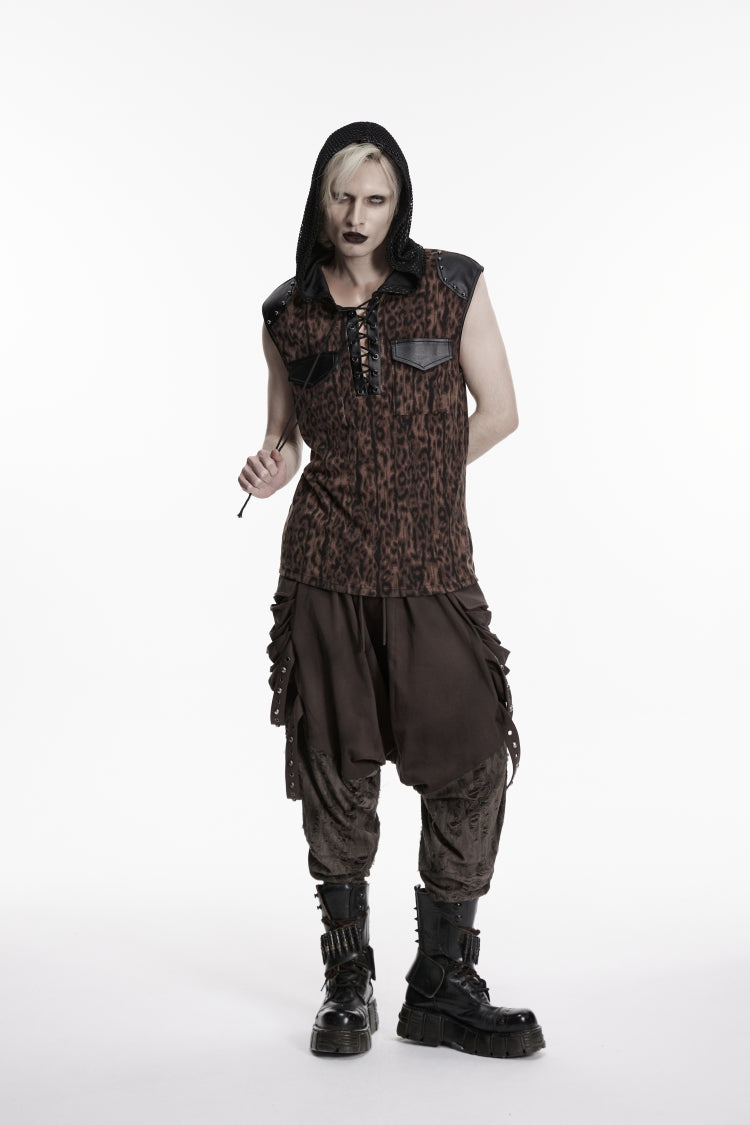 Black/Coffee  Sleeveless Spliced Lace-Up Hooded Mesh Pearl-Decorated Eyelet Men's Punk T-Shirt - Product - 4