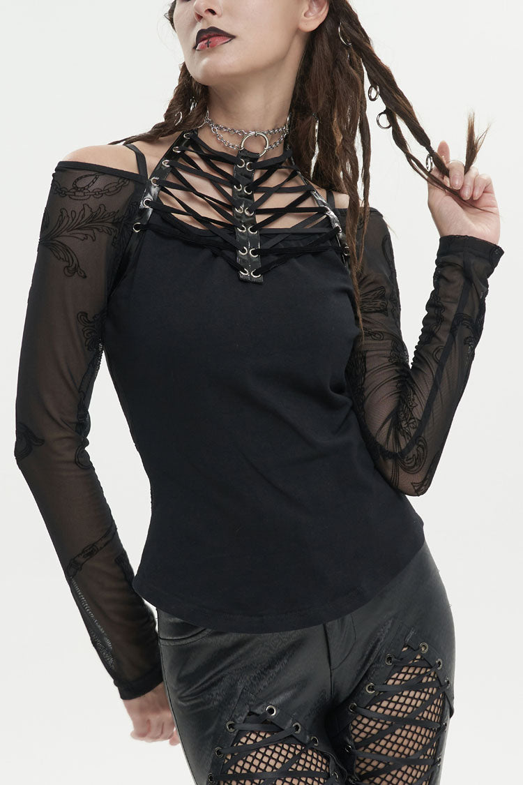 Black Stretch Knit Stitching Flocking Printed Neck Collar Tie Rope Off-Shoulder Women's Punk T-Shirt - Black - 1