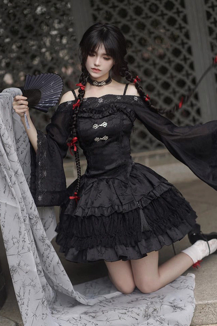 Black Bamboo Leaves Print Ruffle Lace Gothic Chinese Style Lolita Skirt - Product - 9