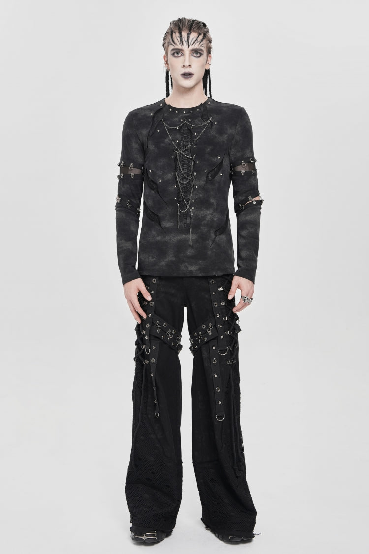 Black Long Sleeves Cutout Rivets Chain Men's Punk Blouse - Product - 5
