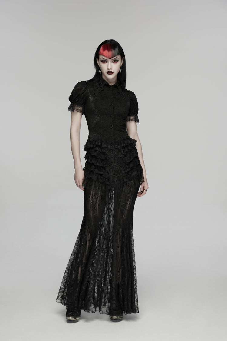 Black Embroidered Spliced Ruffled Lace Slim Mesh Women's Gothic  Mermaid Skirt - Product - 10