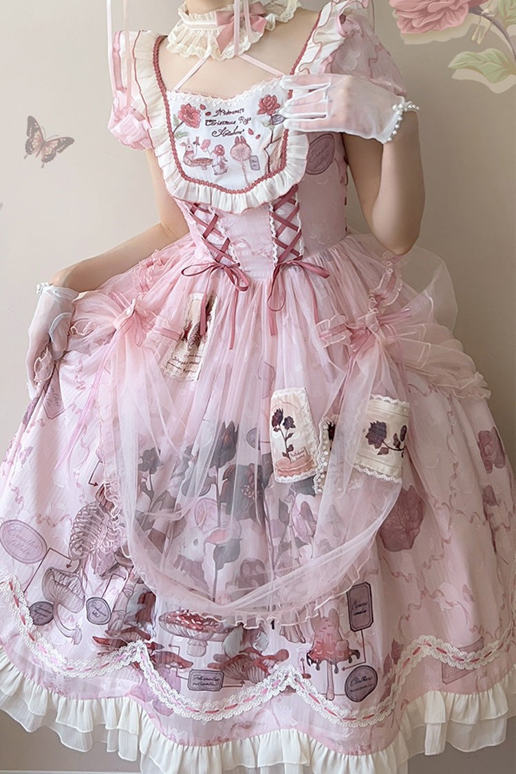 Pink Rabbit Print Square Collar Short Sleeves Ruffle Bowknot Lace Sweet Lolita Dress - Product - 3