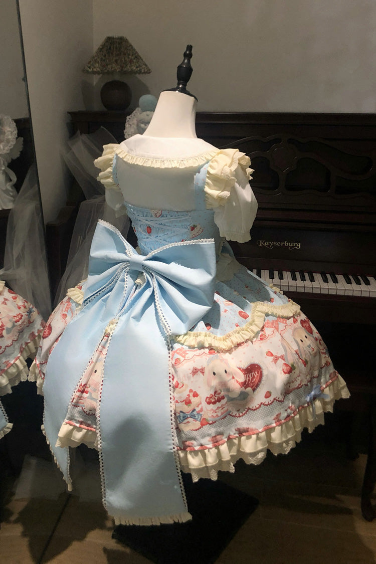 Blue [Sweet Bunny Party] Square Collar Sleeveless Printed Ruffled Bow Sweet Lolita Jsk Dress Set - Product - 4