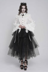 White Lapel Collar Long Trumpet Sleeves Lace Lace-Up Slim Women's Gothic Blouse - Product - 4