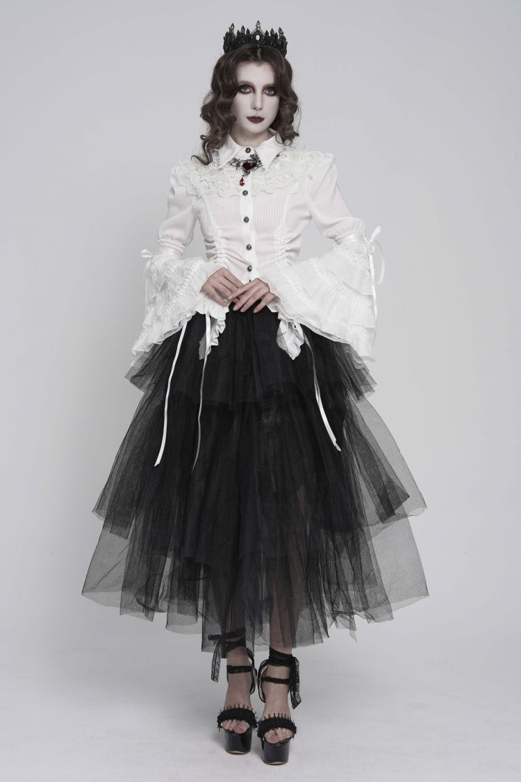 White Lapel Collar Long Trumpet Sleeves Lace Lace-Up Slim Women's Gothic Blouse - Product - 4