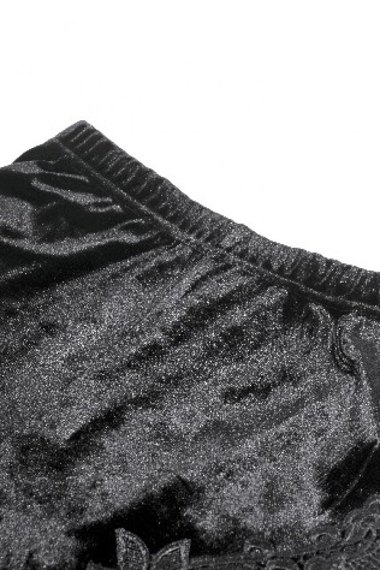 Black Women's Gothic Floral Decal Fishnet Mesh Patchwork Velvet Leggings - Product - 10
