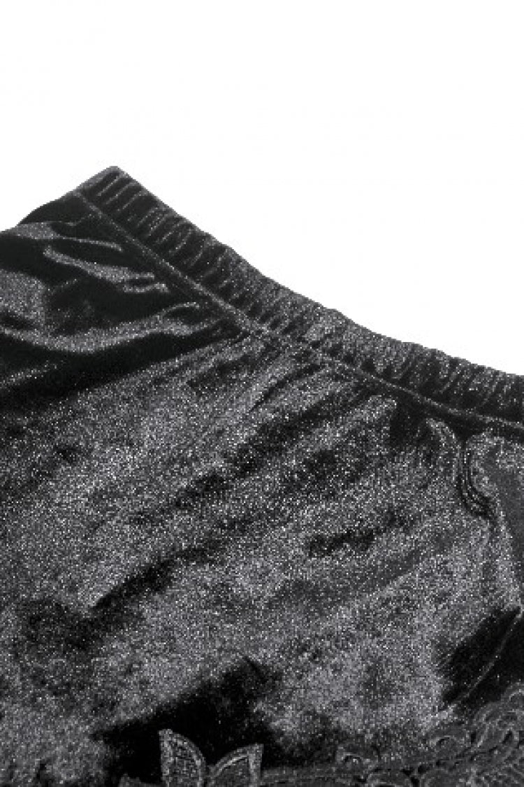 Black Women's Gothic Floral Decal Fishnet Mesh Patchwork Velvet Leggings - Product - 10