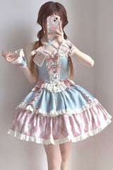Blue/Pink [Sweetheart Cowboy] Plaid Print Ruffle Bowknot Sweet Lolita Skirt Set - Blue/Pink - 1