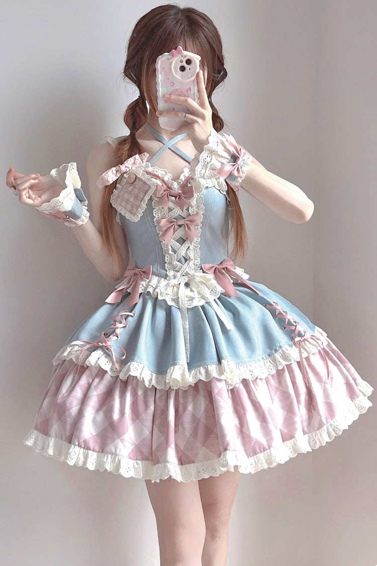 Blue/Pink [Sweetheart Cowboy] Plaid Print Ruffle Bowknot Sweet Lolita Skirt Set - Blue/Pink - 1
