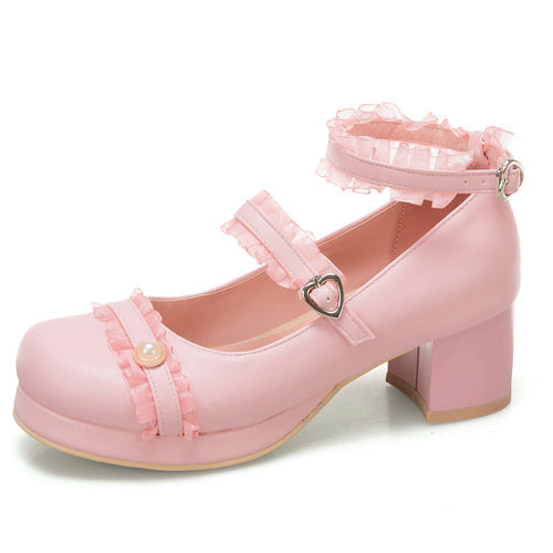 Frill Lace Simplicity Elegant Thick Heel Classic Lolita Shoes - Pink - 3