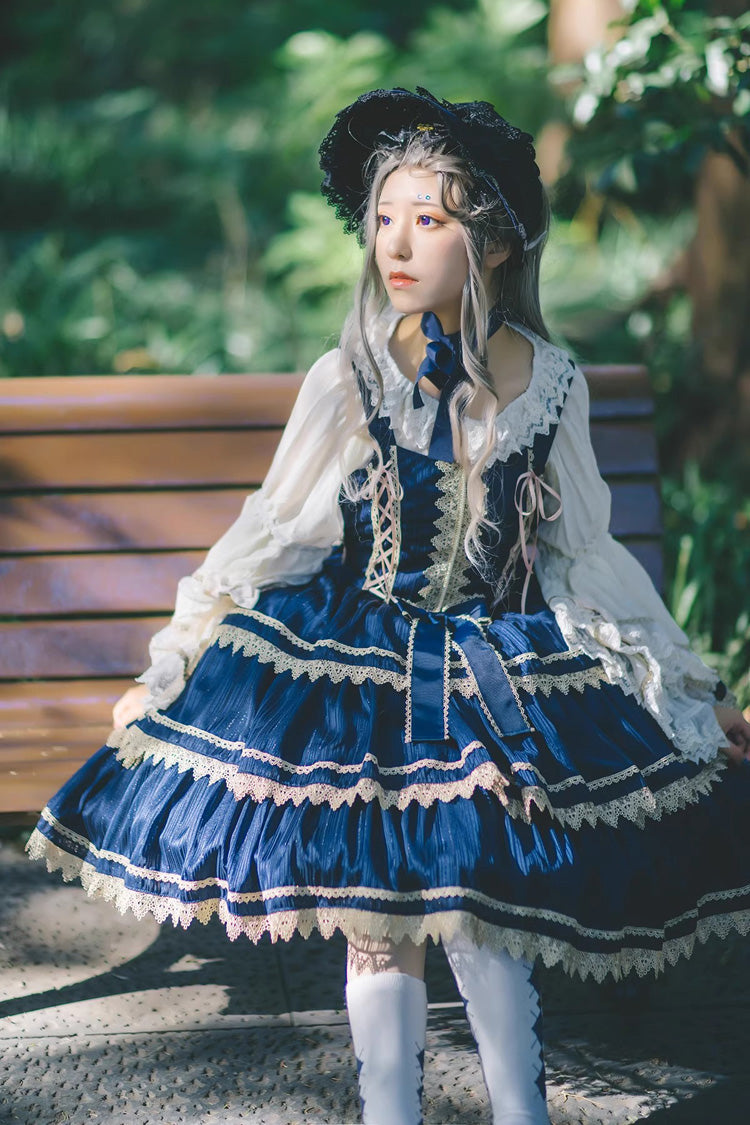 Dark Blue Three-section Cake Sleeveless Ribbon Sweet Lolita Tiered Dress - Product - 2