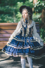 Dark Blue Three-section Cake Sleeveless Ribbon Sweet Lolita Tiered Dress - Product - 2