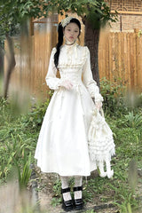 Apricot Stand Collar Long Sleeves Ruffled Lace-Up Gothic Lolita Dress - Apricot - 1