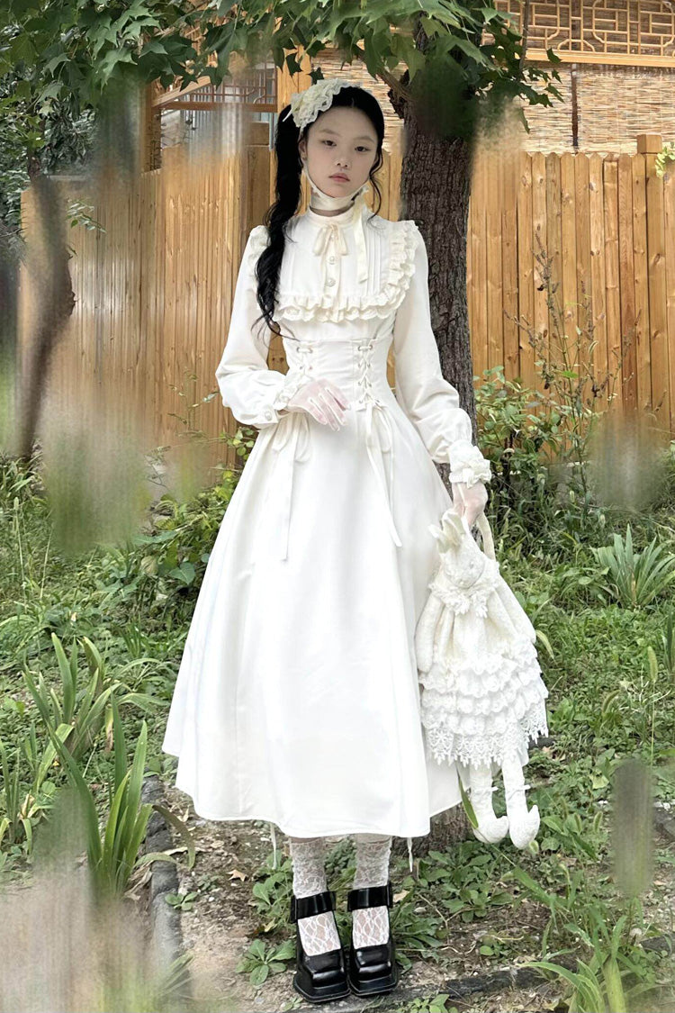 Apricot Stand Collar Long Sleeves Ruffled Lace-Up Gothic Lolita Dress - Apricot - 1