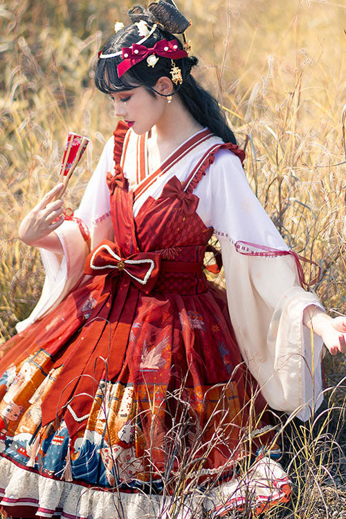 Wine Ukiyolu Cat Print Long Sleeves Chinese Style Fake Two Pieces Bowknot Ruffled Sweet Lolita OP Dress - Product - 3