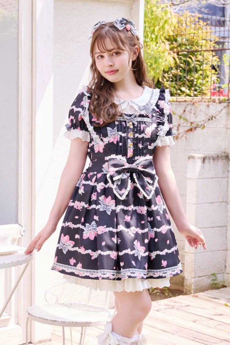 Black [Creamy Berry] Print Short Puff Sleeves Ruffle Bowknot Lace-Up Sweet Jirai Kei Japanese Dress - Black - 1