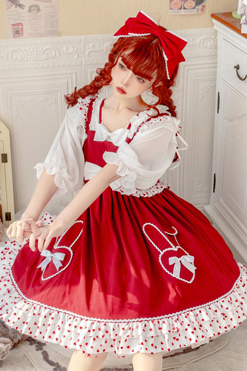 Red High Waisted Ruffled Hem Bowknot Sweet Lolita JSK Dress - Product - 3
