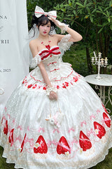 White [True Love Strawberry] Print Off Shoulder Sleeveless Ruffle Bowknot Lace Sweet Princess Lolita Dress Set - White - 1
