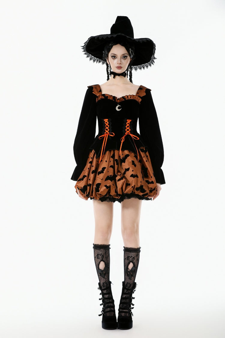 Black/Orange Square Collar Long Sleeves Bat Printed Lace-Up Women's Gothic Pumpkin Halloween Dress - Product - 7