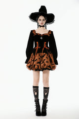 Black/Orange Square Collar Long Sleeves Bat Printed Lace-Up Women's Gothic Pumpkin Halloween Dress - Product - 7