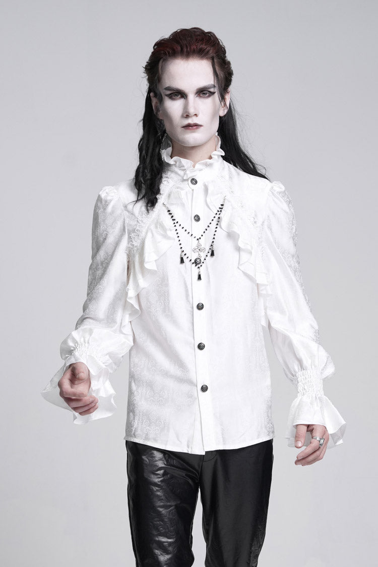 White Stand Collar Long Sleeves Ruffle Lace Cross Men's Gothic Blouse - Product - 6